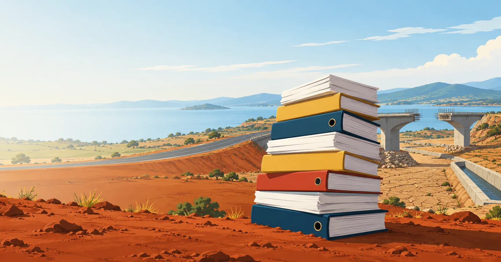 Illustration: a towering stack of plan binders on red earth, beside a half-built bridge that stops in mid-air, a dry cracked field and an empty canal, with Lake Malawi behind.